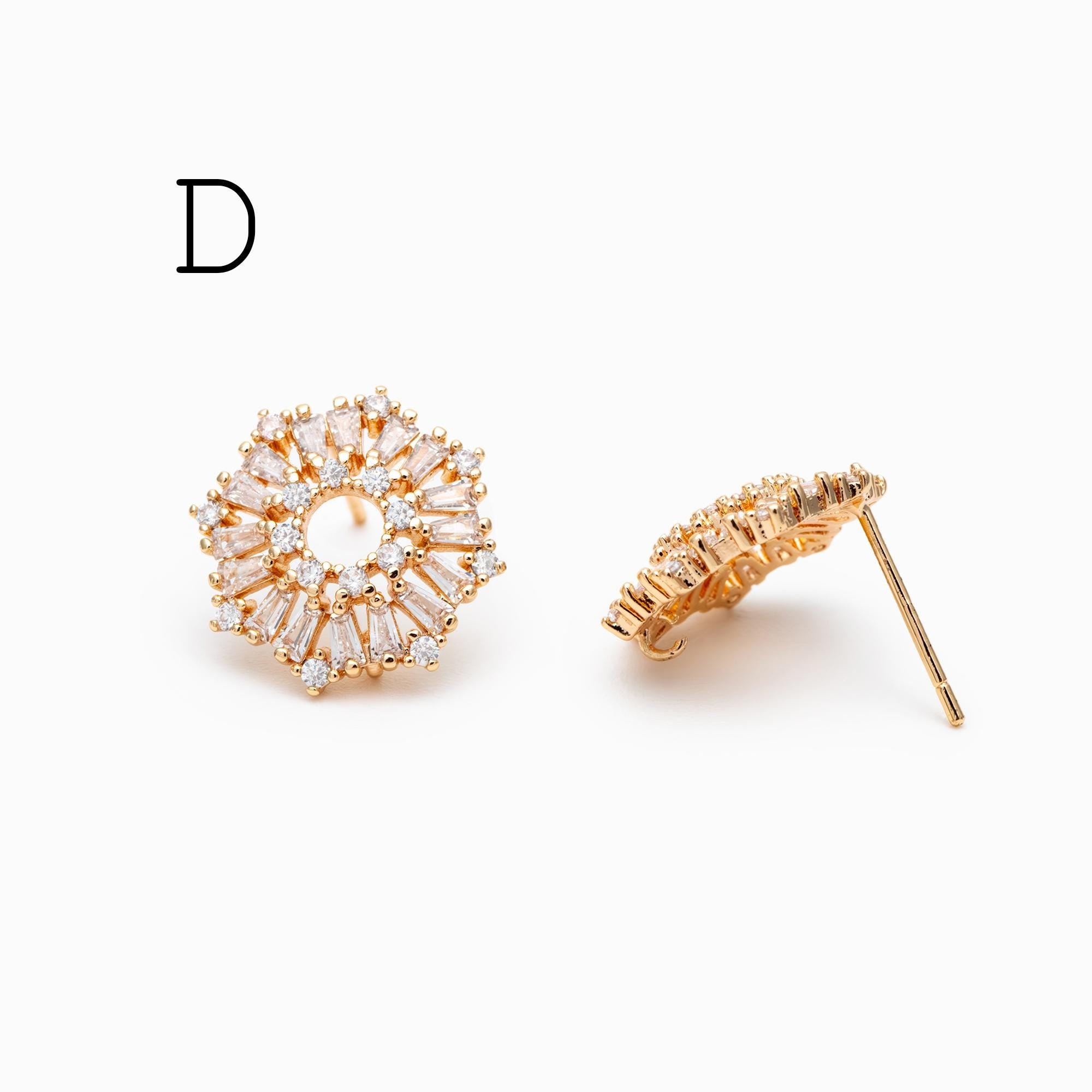 4pcs CZ Pave Gold Flower Leaf Earring With Loop, Gold Plated Brass Stud Earrings (GB-1205)